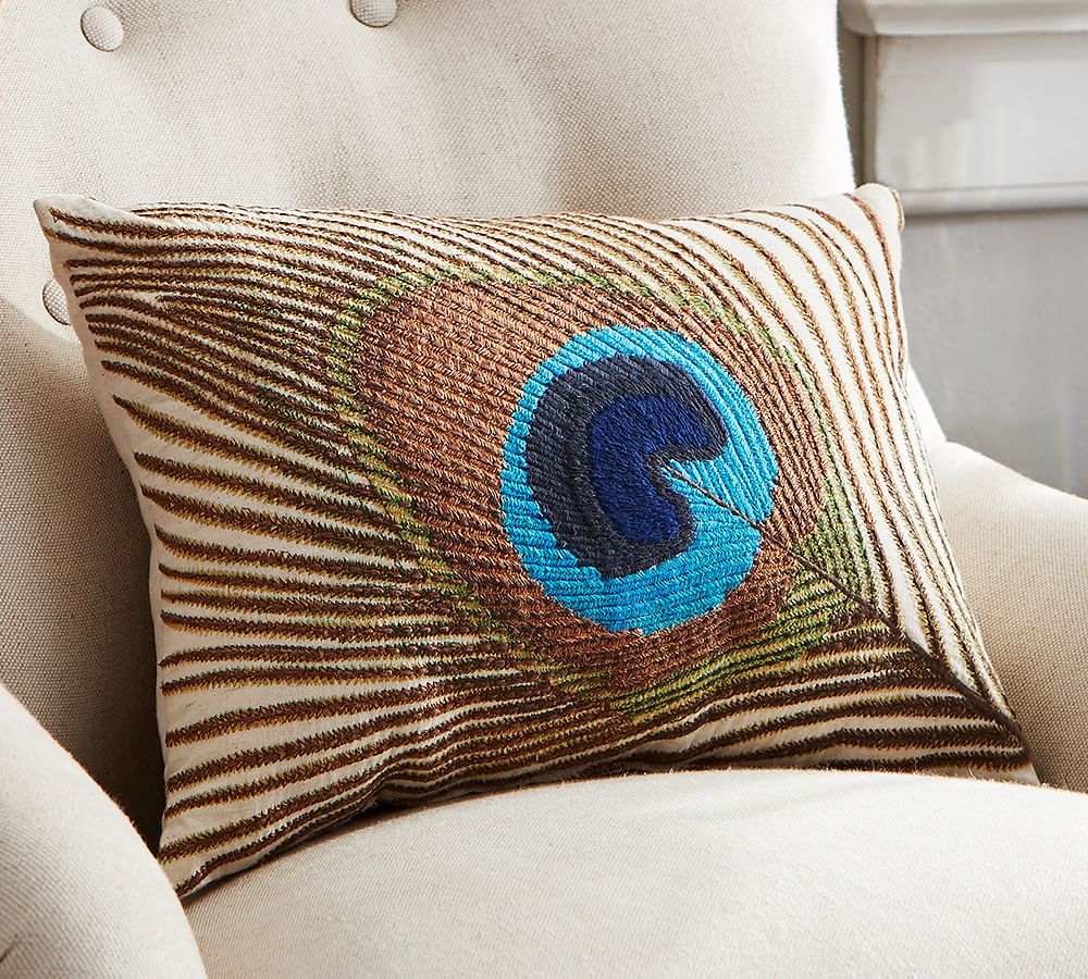 Peacock Feather Embroidered Lumbar Decorative Pillow Pottery Barn