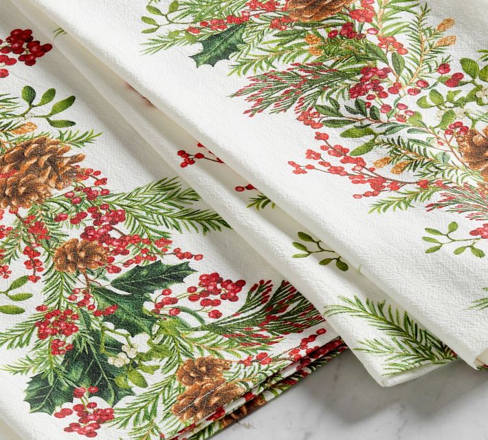 Set of Two Holly Gingham Embroidered Tea Towels