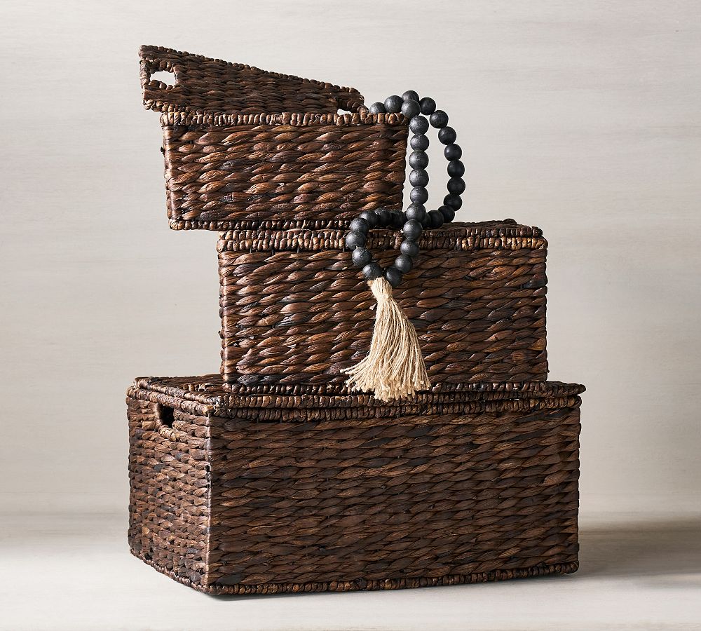 Haven + Key Small Rectangular Storage Basket with Leather Handles - Brown