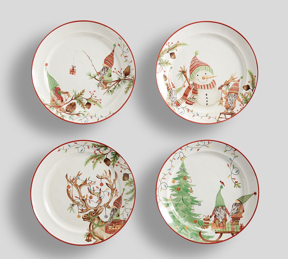 Forest Gnome Christmas Spirit Stoneware Salad Plates - Set of 4