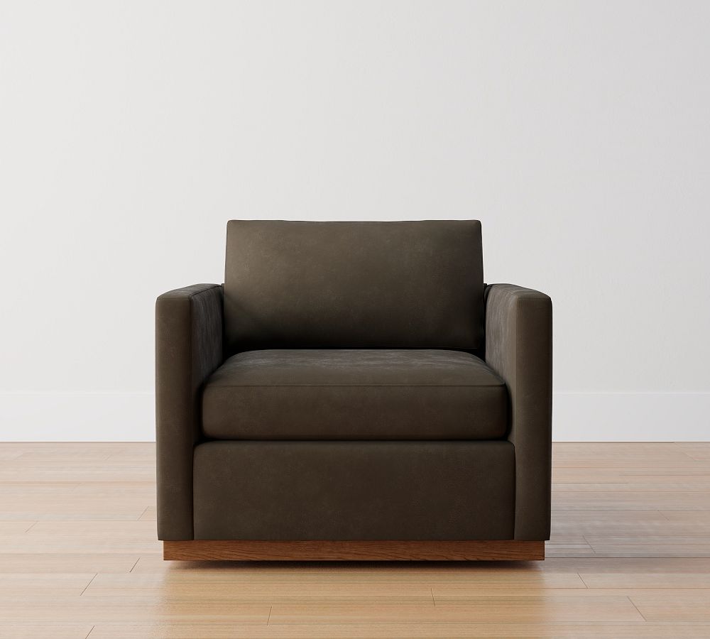 Jake Leather Swivel Armchair with Brindle Wood Base Pottery Barn