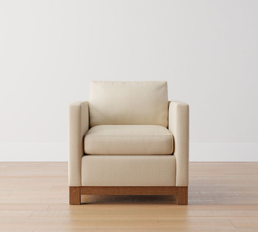 Jake Upholstered Armchair with Brindle Wood Base Pottery Barn