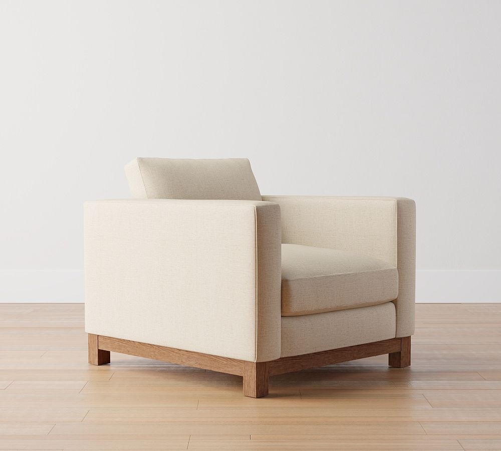 Jake Upholstered Armchair with Brindle Wood Base Pottery Barn