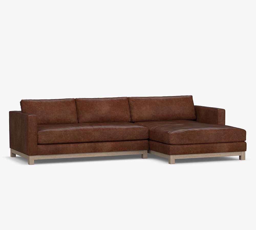 Jake Leather Sofa with Double Wide Chaise Sectional with Seadrift Wood
