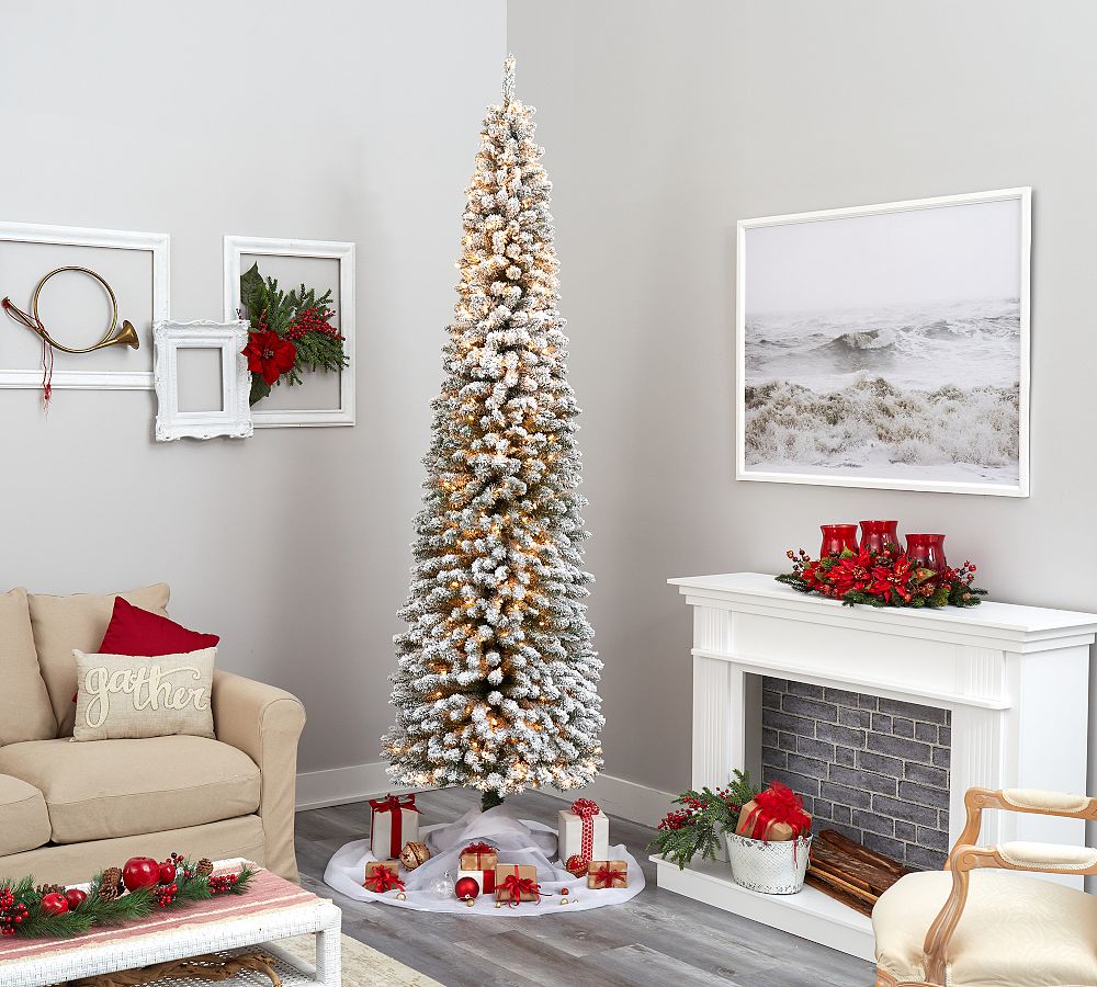 Lit Flocked Layered Spruce Faux Christmas Trees