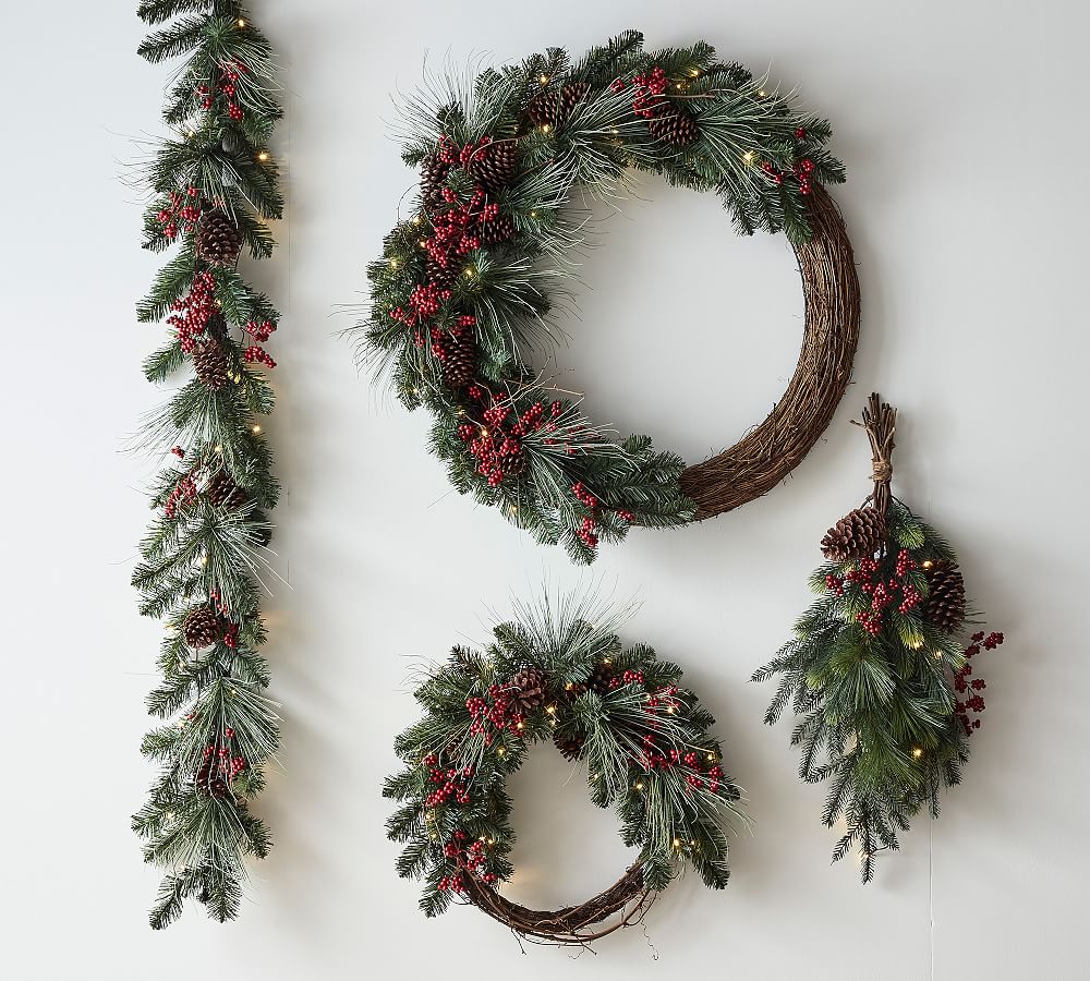 Lit Faux Red Berry & Pine Garland | Pottery Barn