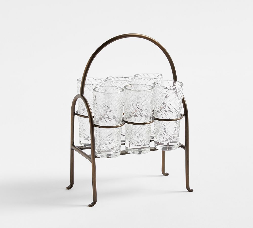 Sweet July Herringbone Handcrafted Shot Glasses & Caddy Set of 6