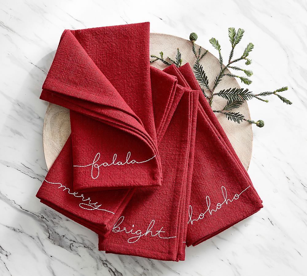 Christmas Linen Napkins - Red 18 x 18 inch, Set of 4 Hemstitch Dinner Napkins Cloth with Embroidered Dot - Christmas Cloth Napkins Handmade from
