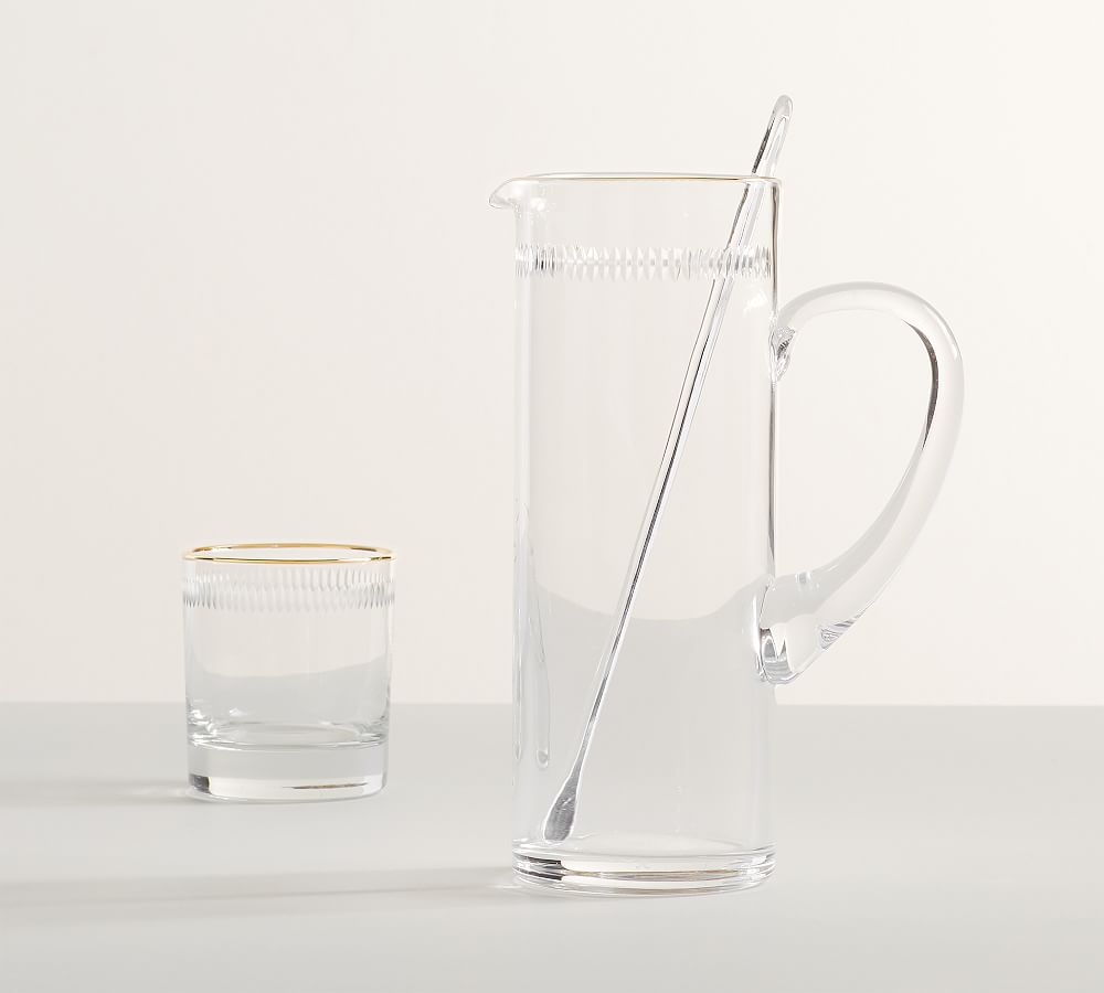 Etched Gold Rim Handcrafted Cocktail Pitcher with Stirrer