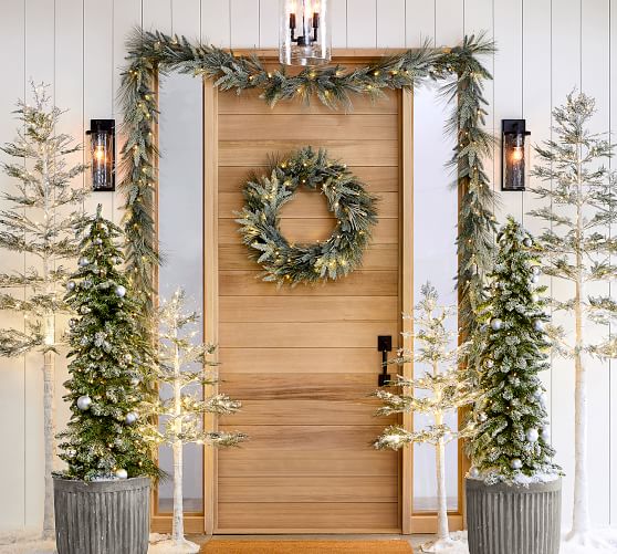 Lit Faux Flocked Pine Wreath & Garland | Pottery Barn