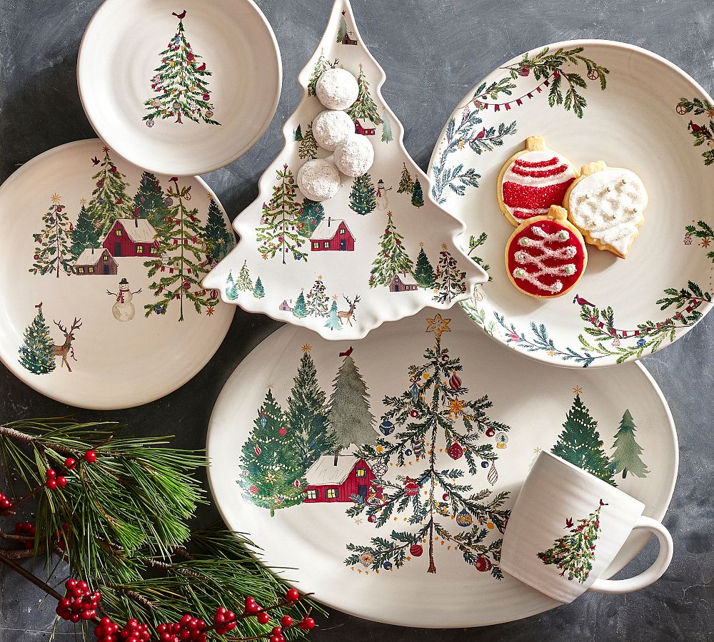 Pottery Barn Christmas in the Country Stoneware Mugs - Set of 4