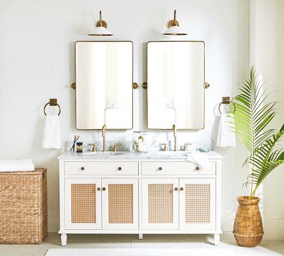 Elegant White Dual Bath Vanity with Jute Rug