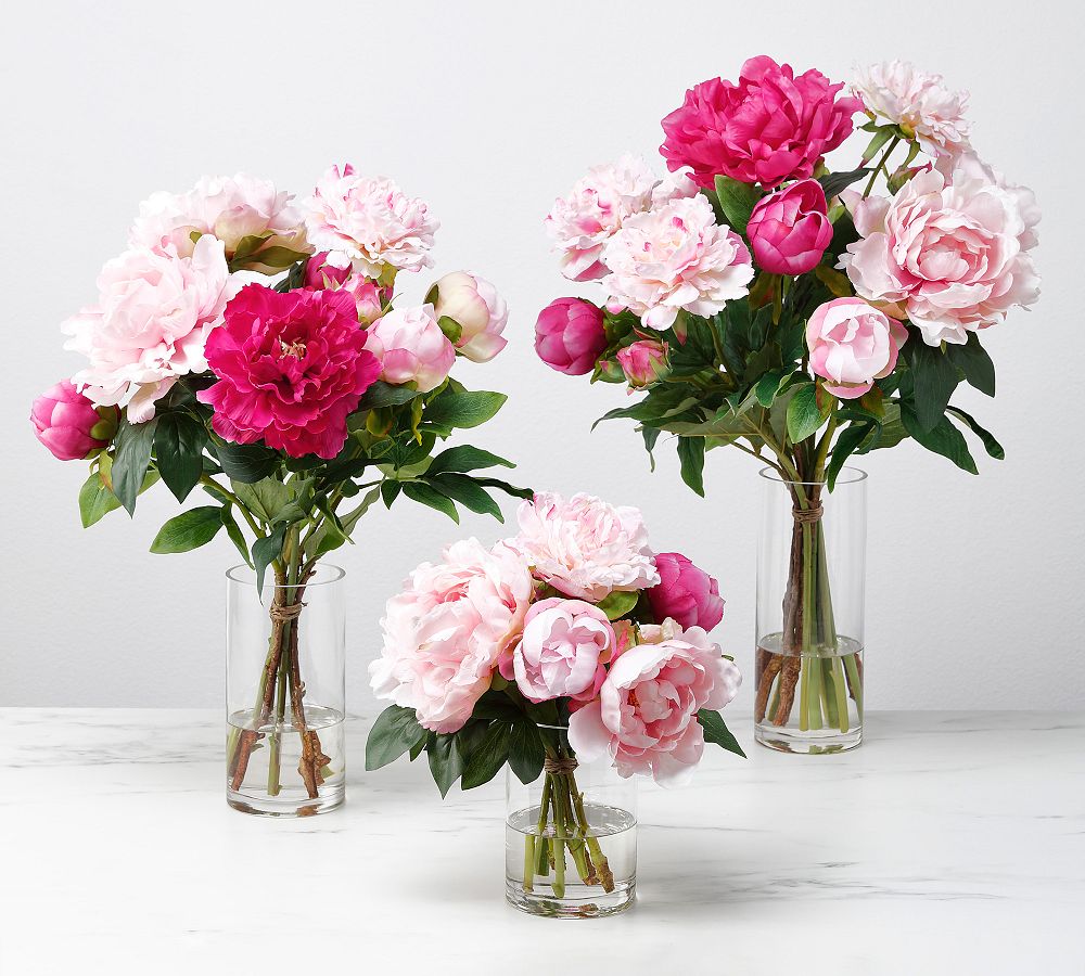 Faux Pink Peony Arrangement In Glass Vase