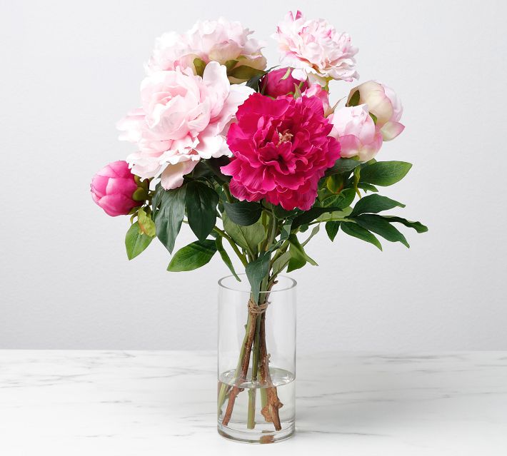 10 Inch Pink Peony Premade in Square Glass Pot