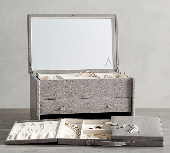 White Personalized Large Jewelry Box with Drawer, Carrying Handle, and