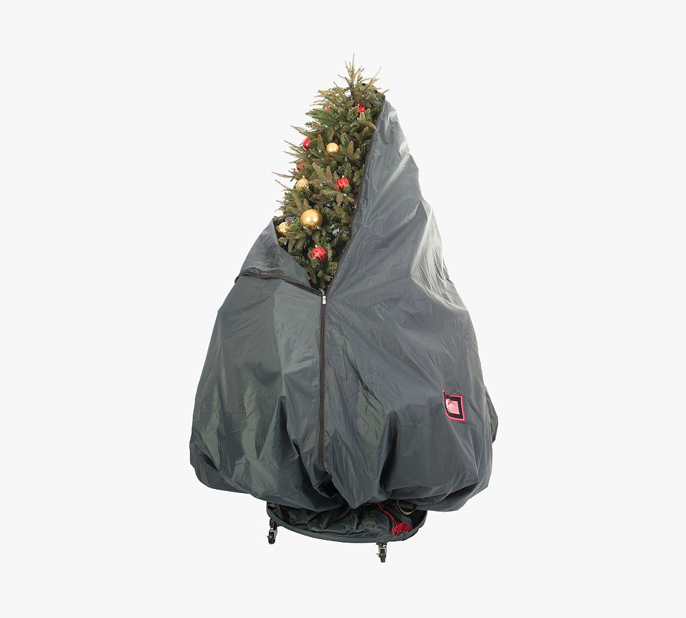 Decorated Upright Tree Storage Bag with Rolling Tree Stand