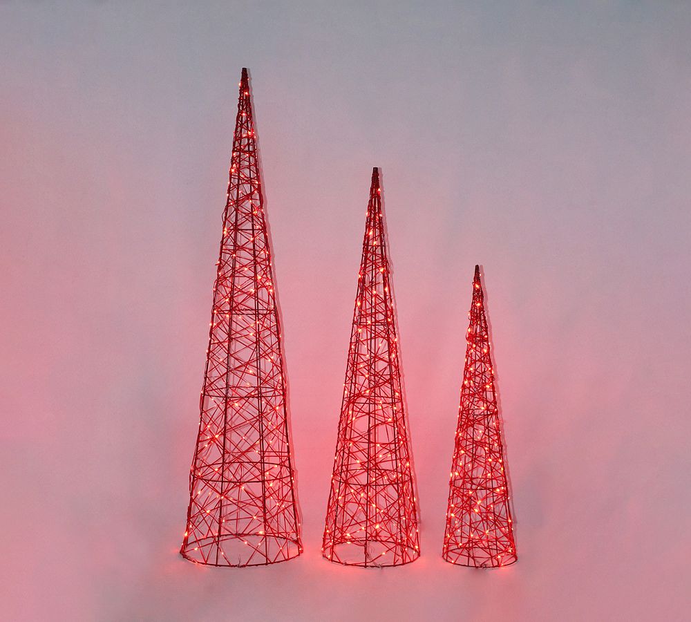 Lit Red Cone Christmas Trees - Set of 3