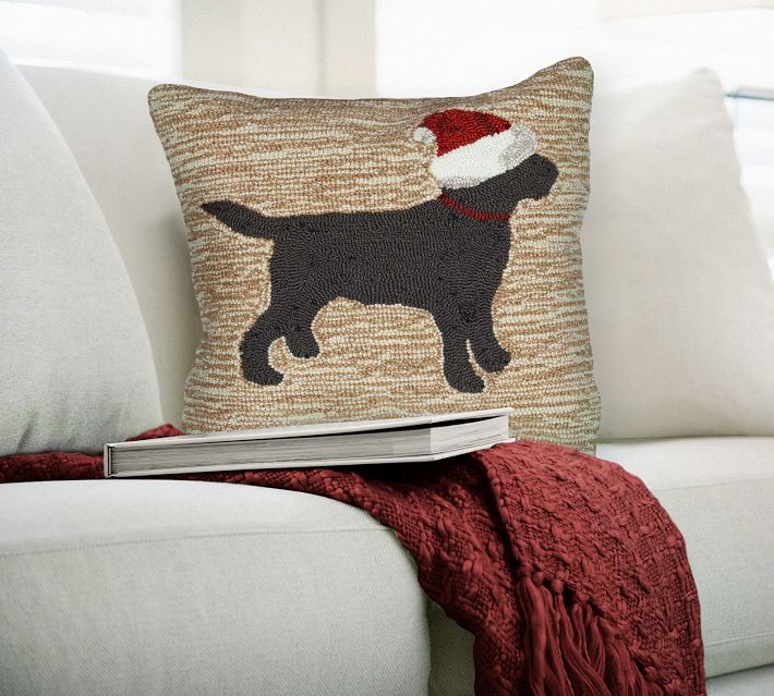 Hooked Wool Holiday Throw Pillow with Black Labs in Truck