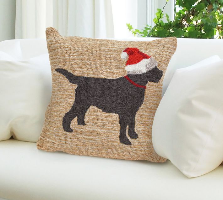 Hooked Wool Holiday Throw Pillow with Black Labs in Truck