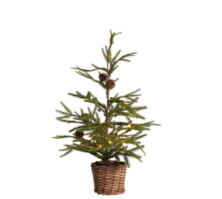 Lit Faux Pine Trees in Basket