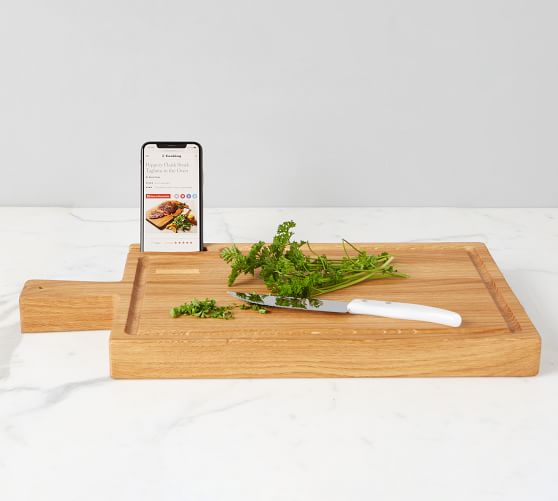 Handmade Reclaimed Oak Cutting Board & Smartphone Holder Pottery Barn