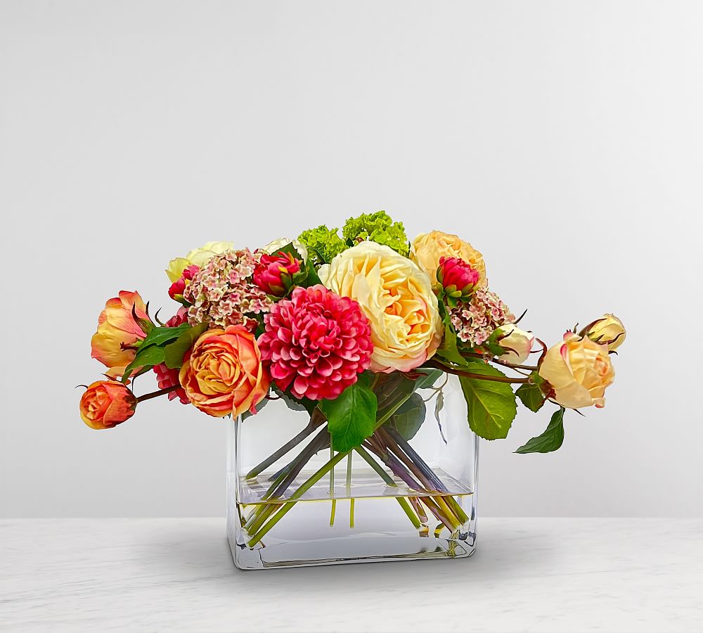Faux Dahlia Garden Rose Arrangement in Square Glass Vase