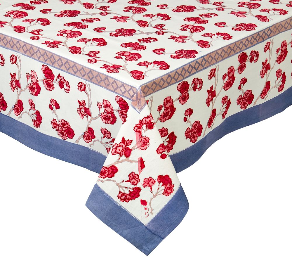 Cherry Blossom Trellis Block Print Cotton Tablecloth