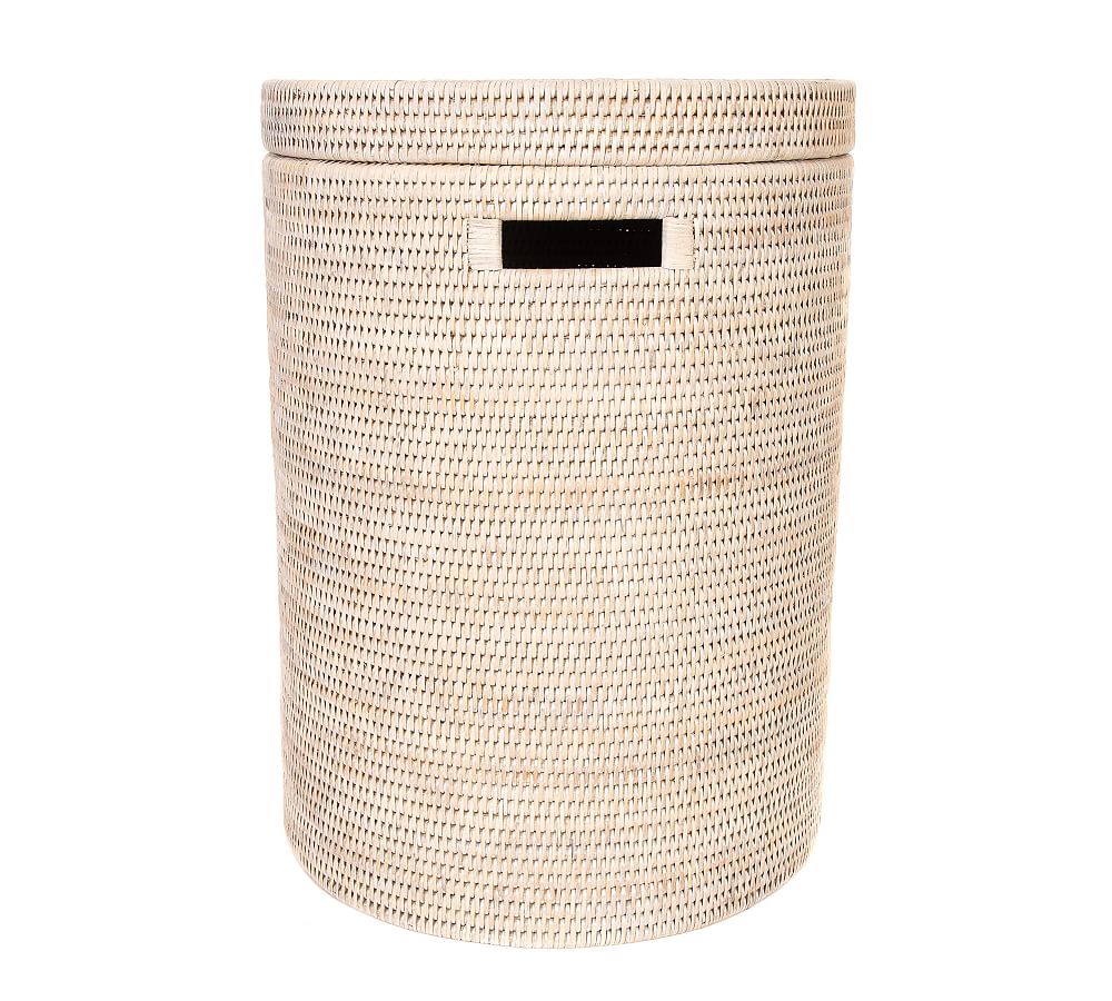 Pottery Barn Tava Handwoven Rattan Round Waste Basket With Metal