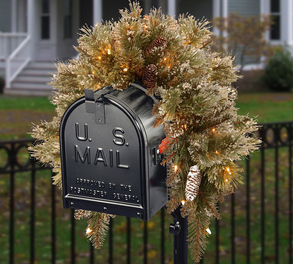 Lit LED Faux Bristle Pine Glitter Mailbox Swag | Pottery Barn