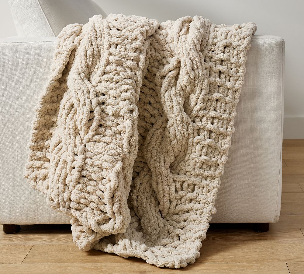 Knitted and Folded Chunky Blanket with Knitting Needles, Yarn Ball in Human  Hands on Neutral Background Stock Image - Image of craftsmanship, craft:  208859619