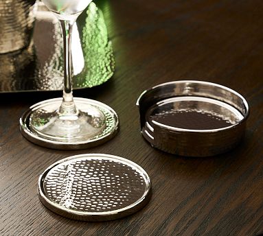 Antique Brass Hammered Drink Coasters with Holder- Set of 4