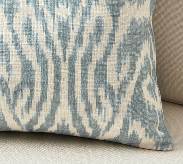 Cotton Lumbar Pillow with Embroidered Curved Pattern & Tassels, Cream Color & Blue