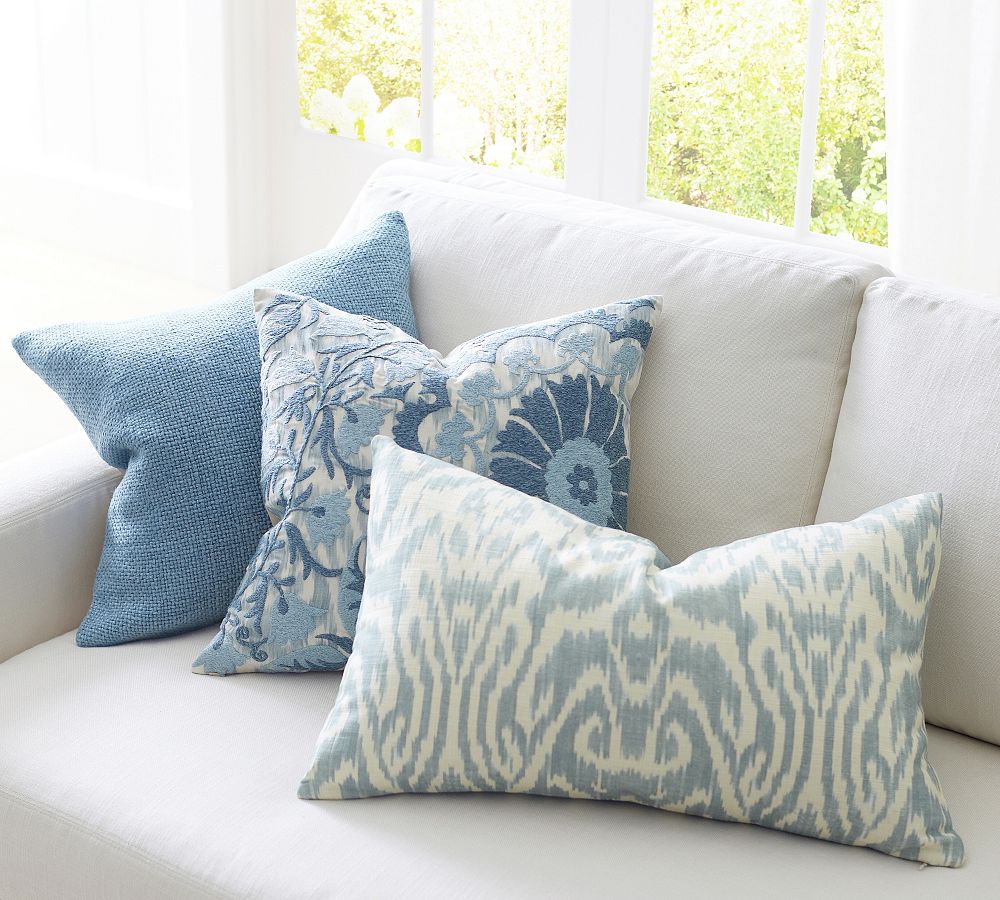 Cotton Lumbar Pillow with Embroidered Curved Pattern & Tassels, Cream Color & Blue