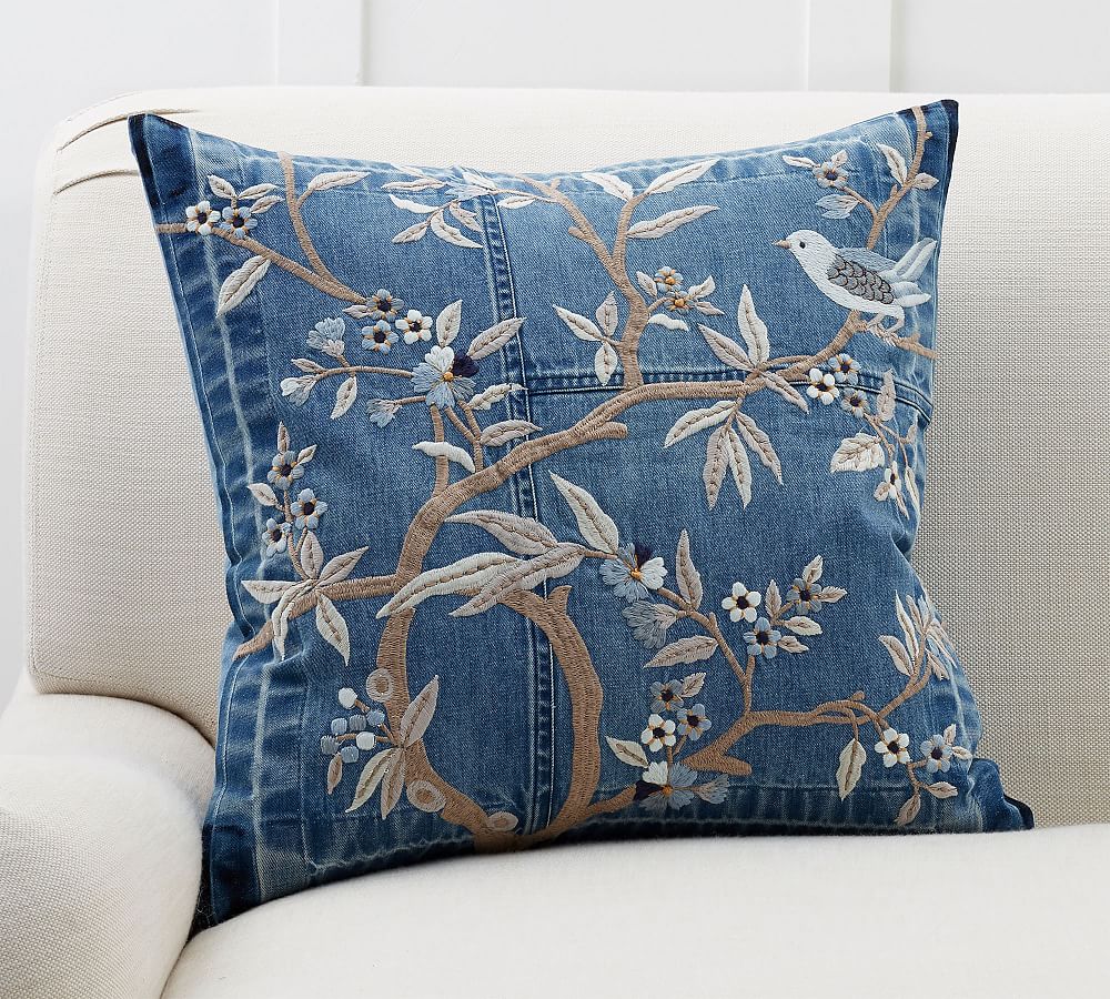 Denim Floral Embroidered Pillow Cover