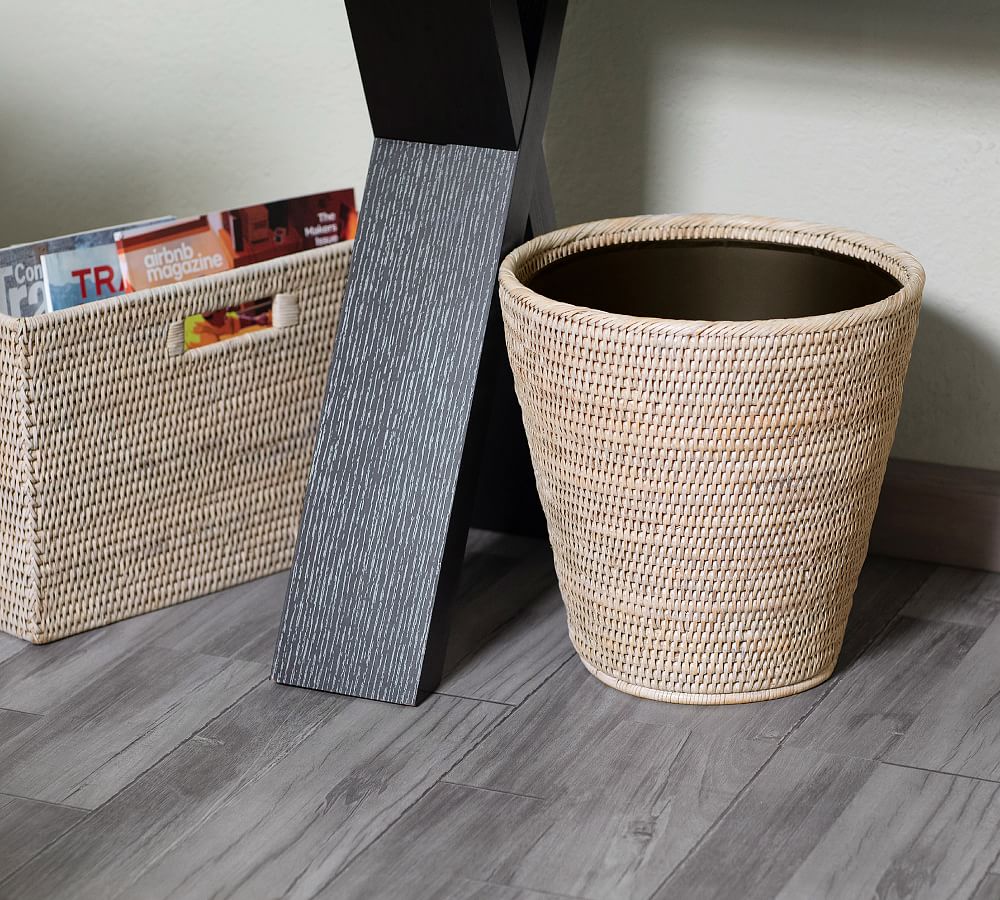 Pottery Barn Tava Handwoven Rattan Round Waste Basket With Metal