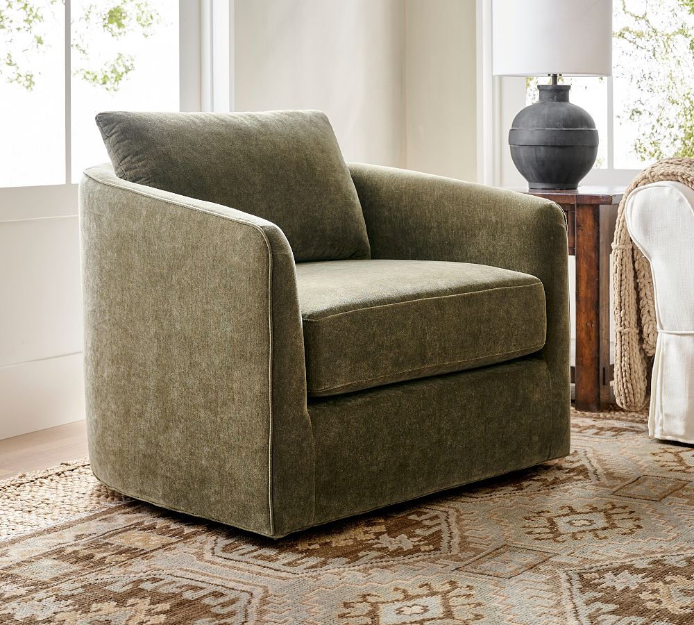 Remmy Upholstered Swivel Armchair, Polyester Wrapped Cushions, Rustic Chenille Dark Moss | Pottery Barn