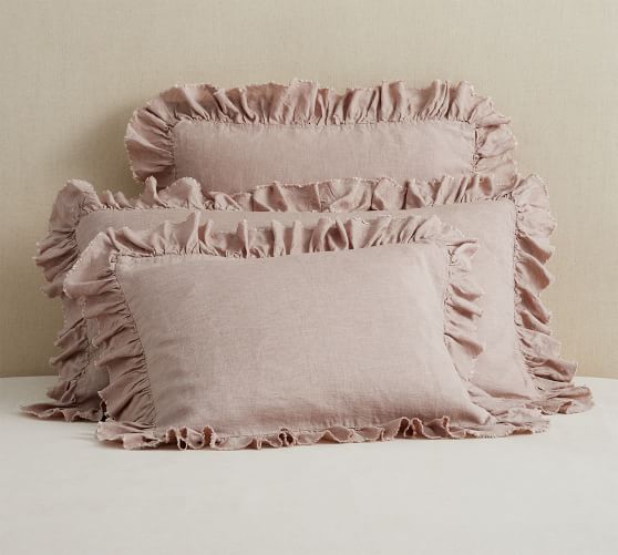 Pastel Pink Linen Pillow Cover with Small Ruffles