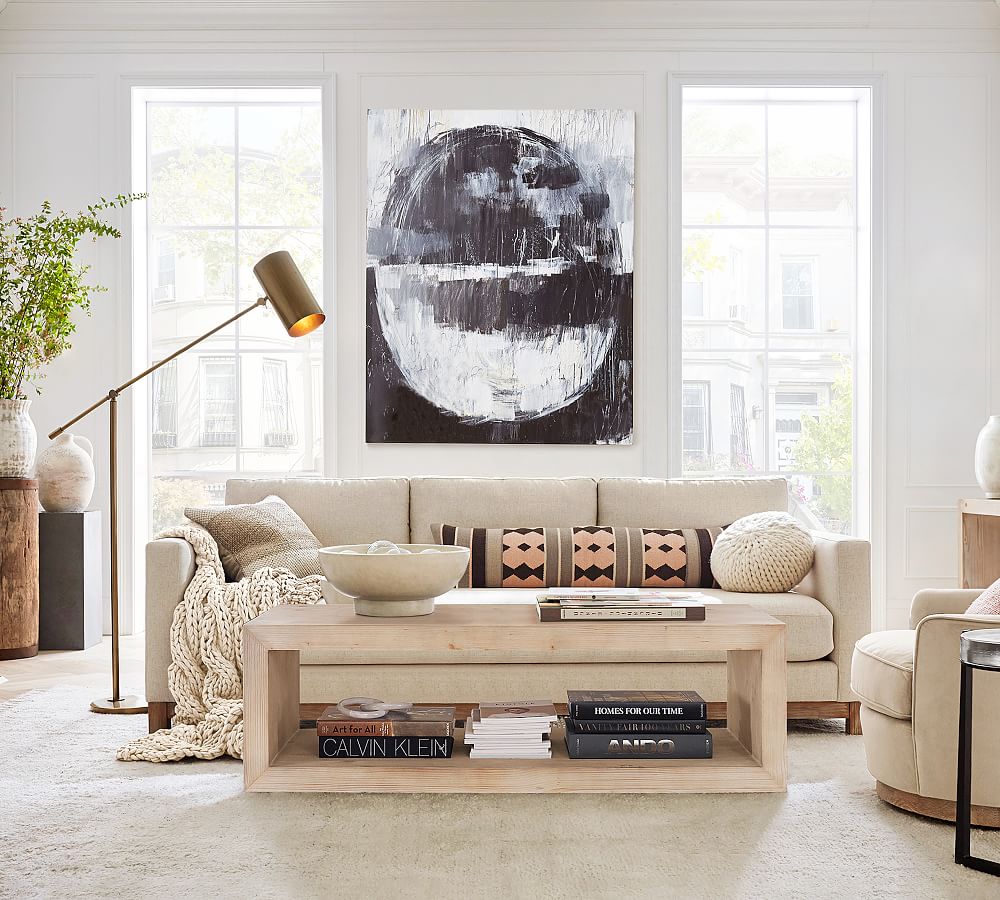 Jake Upholstered Sofa with Seadrift Wood Base Pottery Barn