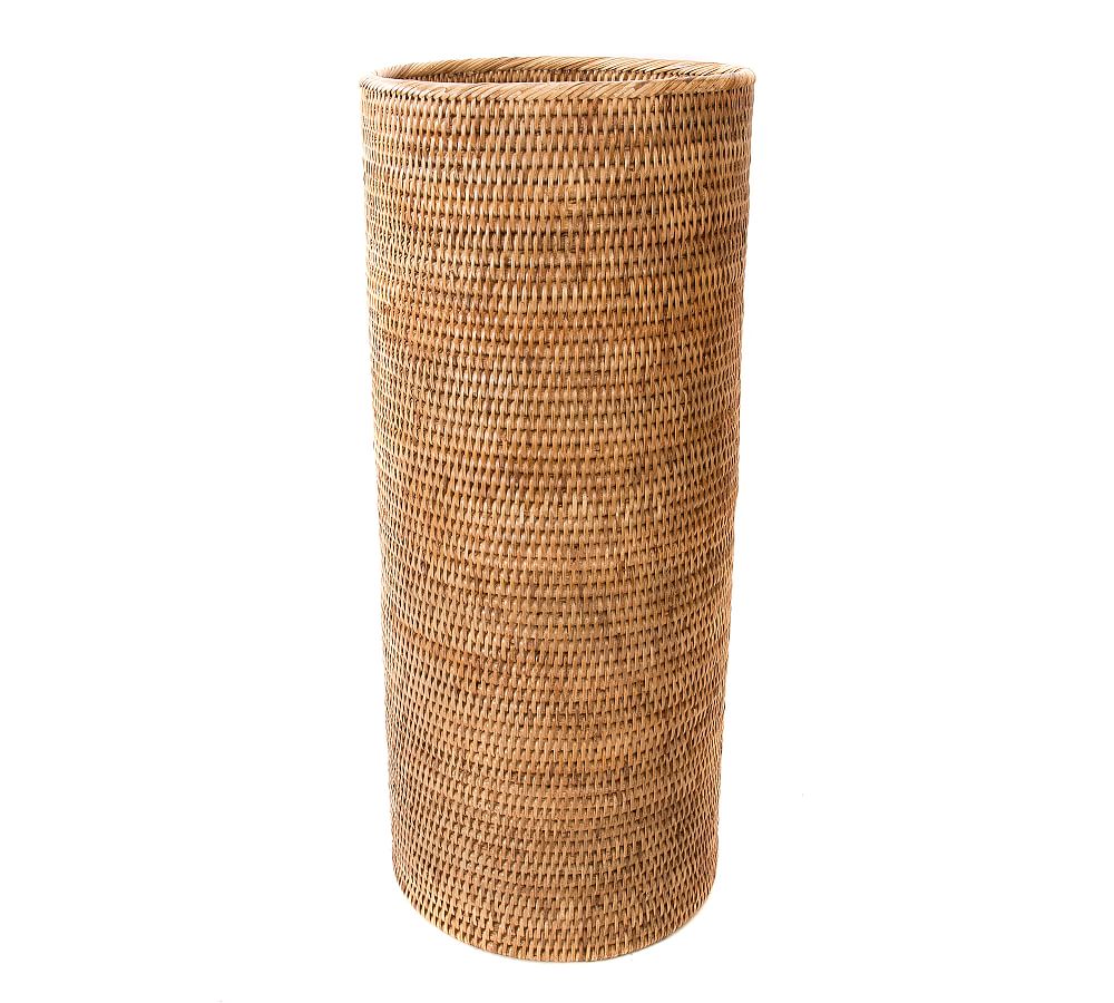 Pottery Barn Tava Handwoven Rattan Round Waste Basket With Metal