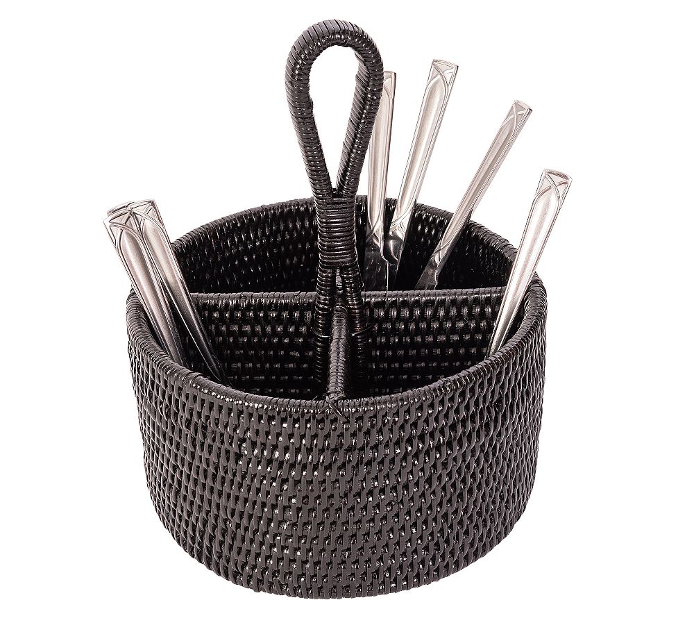 Tava Handwoven Rattan Round Flatware Caddy Pottery Barn
