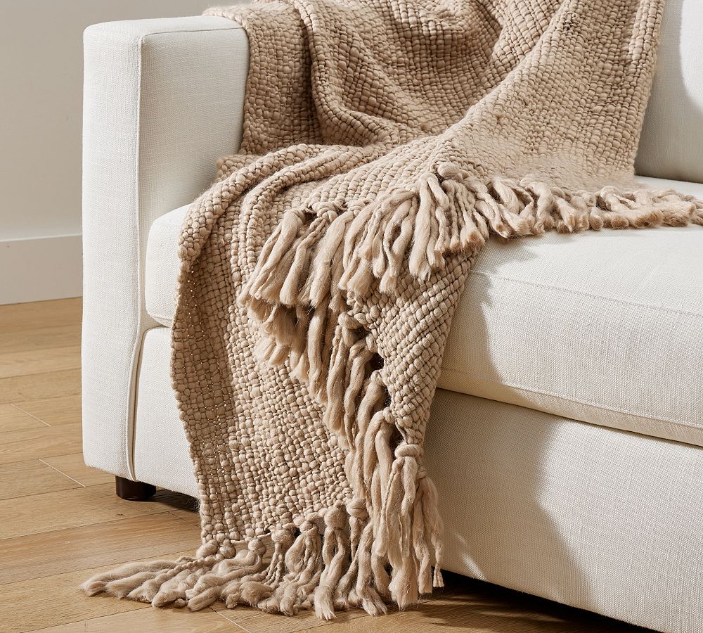 Pointelle Knit Blanket with Fringe, Delicate Throw