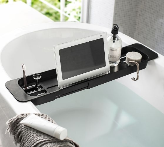 Extendable brushed nickel bathtub caddy