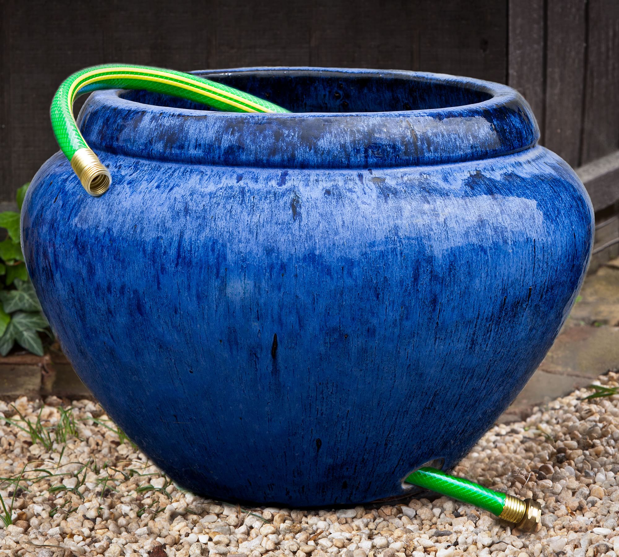 Terra Cotta Garden Hose Pot - Blue