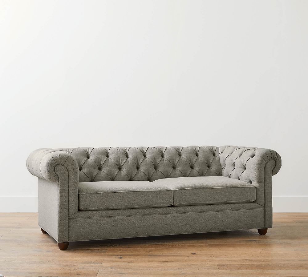 Chesterfield Roll Arm Upholstered Loveseat 73 Polyester Wrapped Cushions Performance Textured Weave Sand
