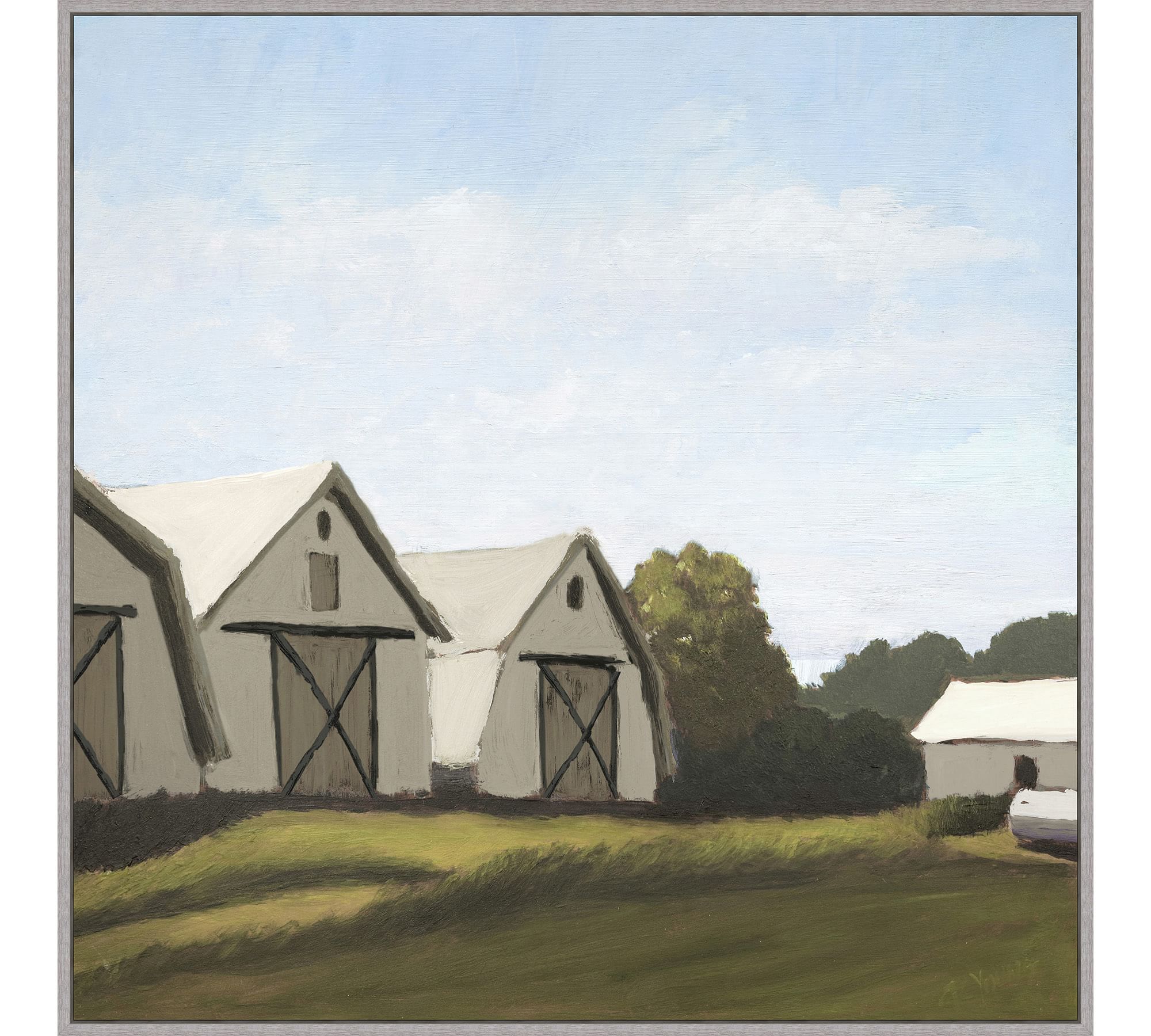 Farmhouses At Sunset Framed Canvas