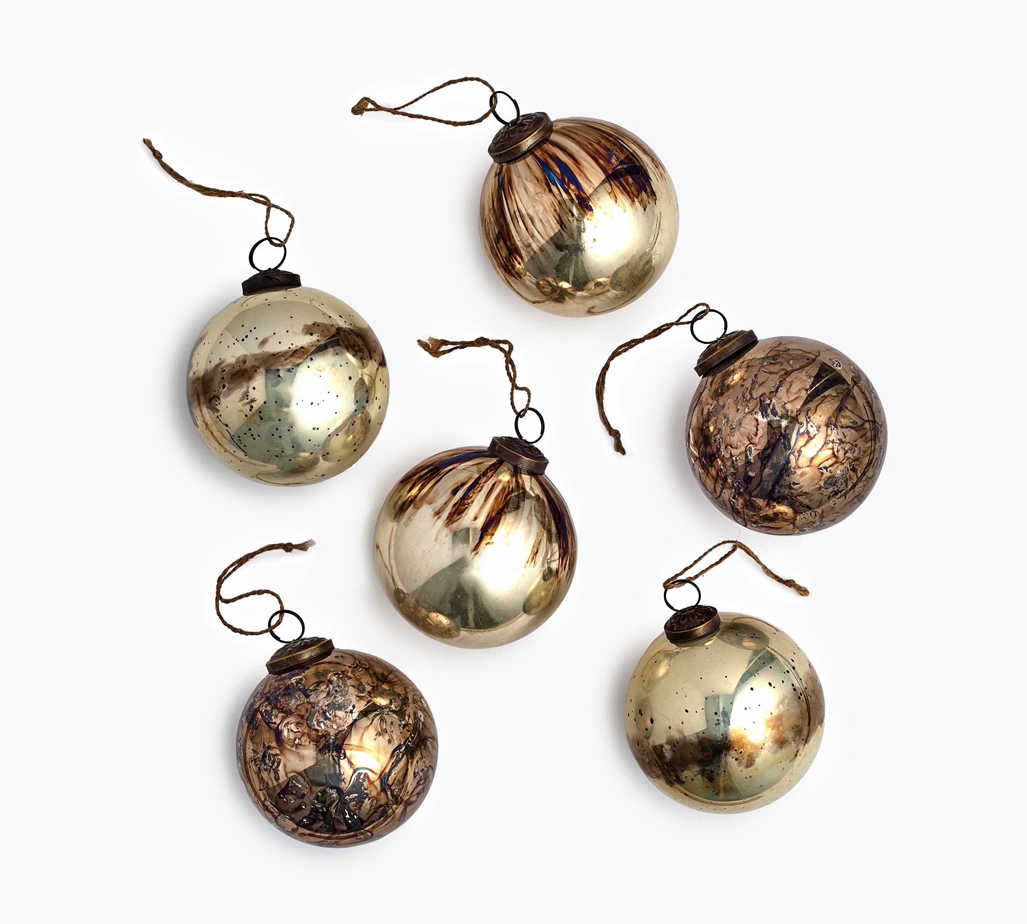Mouth Blown Antique Gold & Brass Ball Ornaments - Set of 6