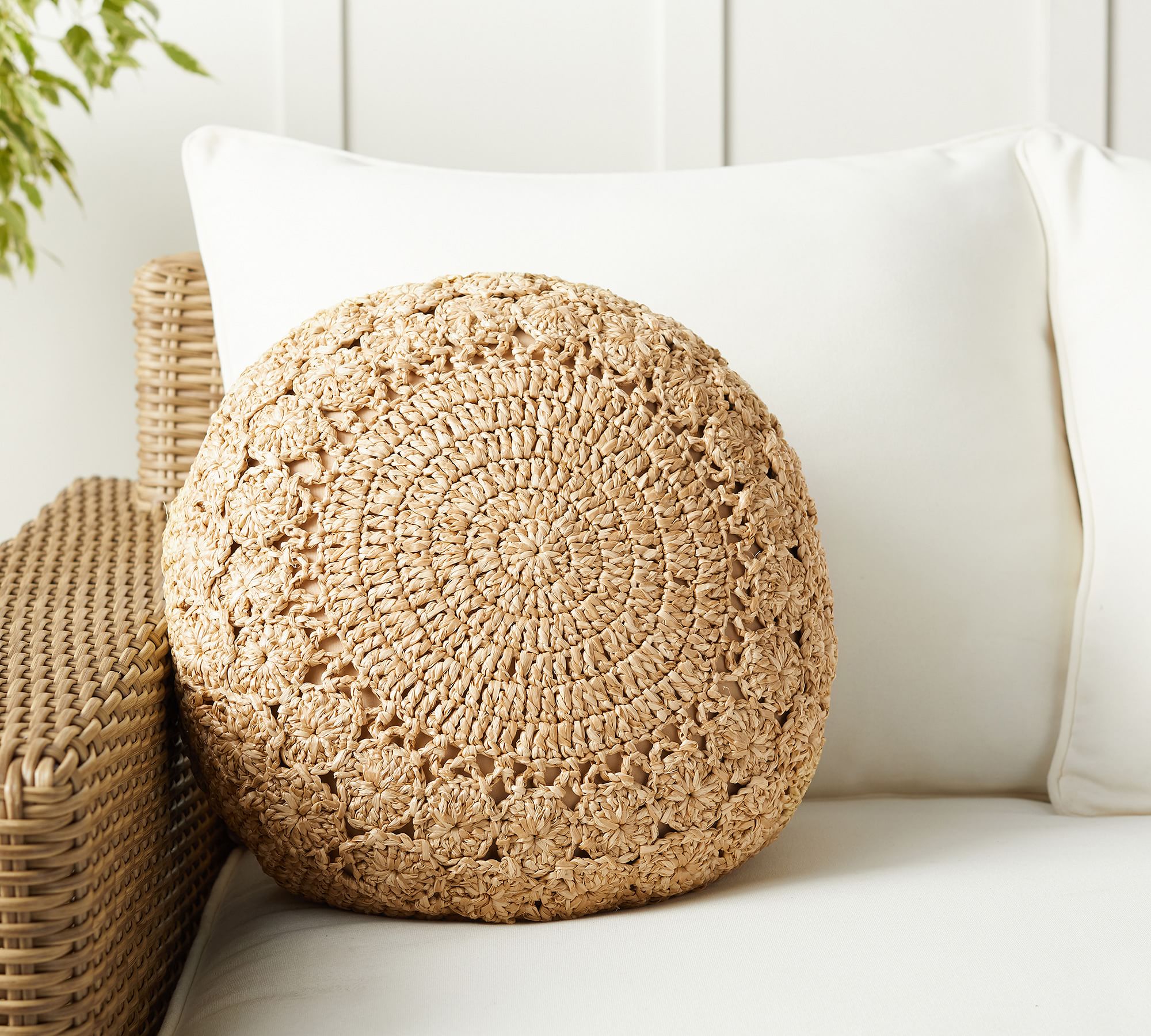 Round Hand-Crochet Faux Natural Fiber Outdoor Pillow