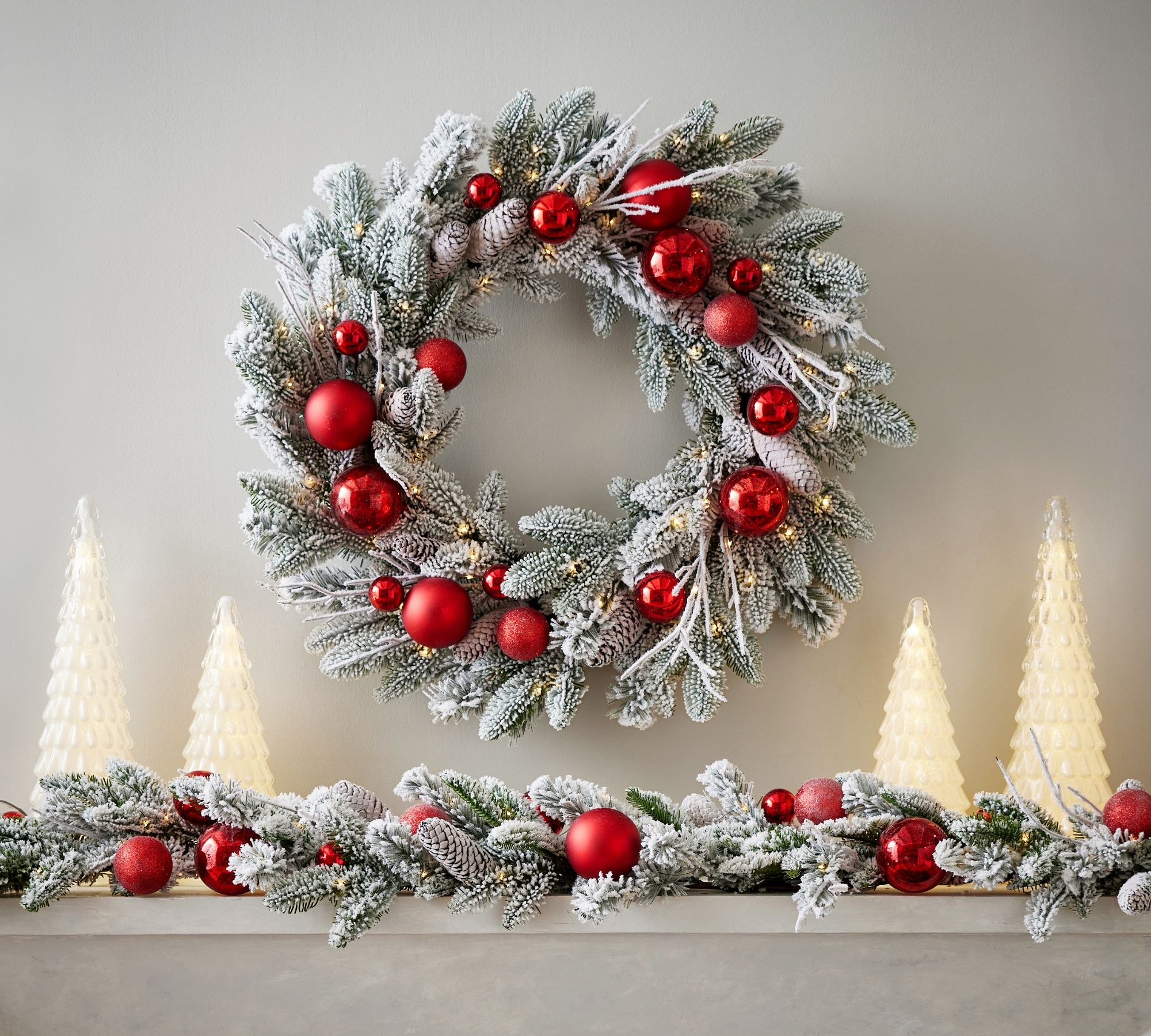 Open Box: Lit Faux Frosted Pine & Ornaments Wreath & Garland