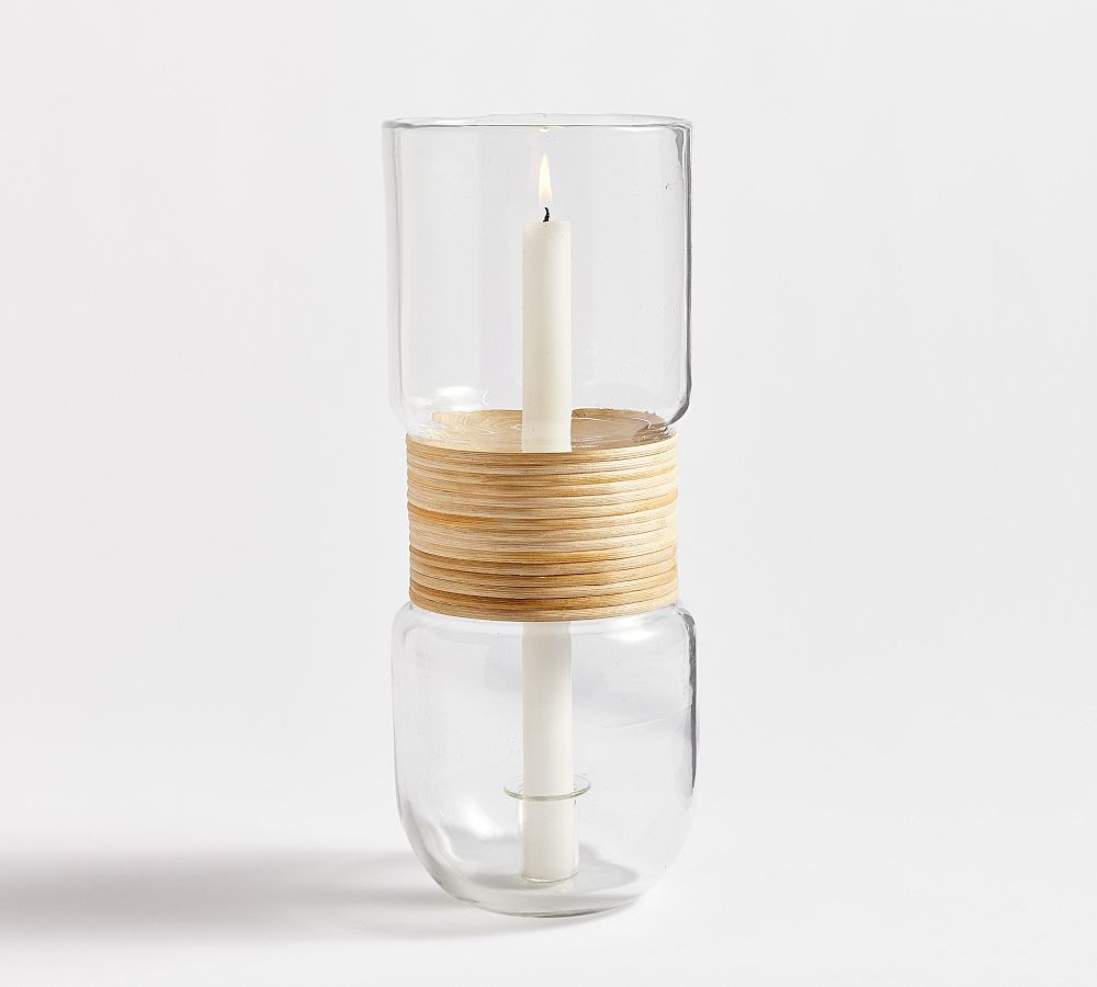 Palm Woven Rattan & Glass Hurricane Candleholder