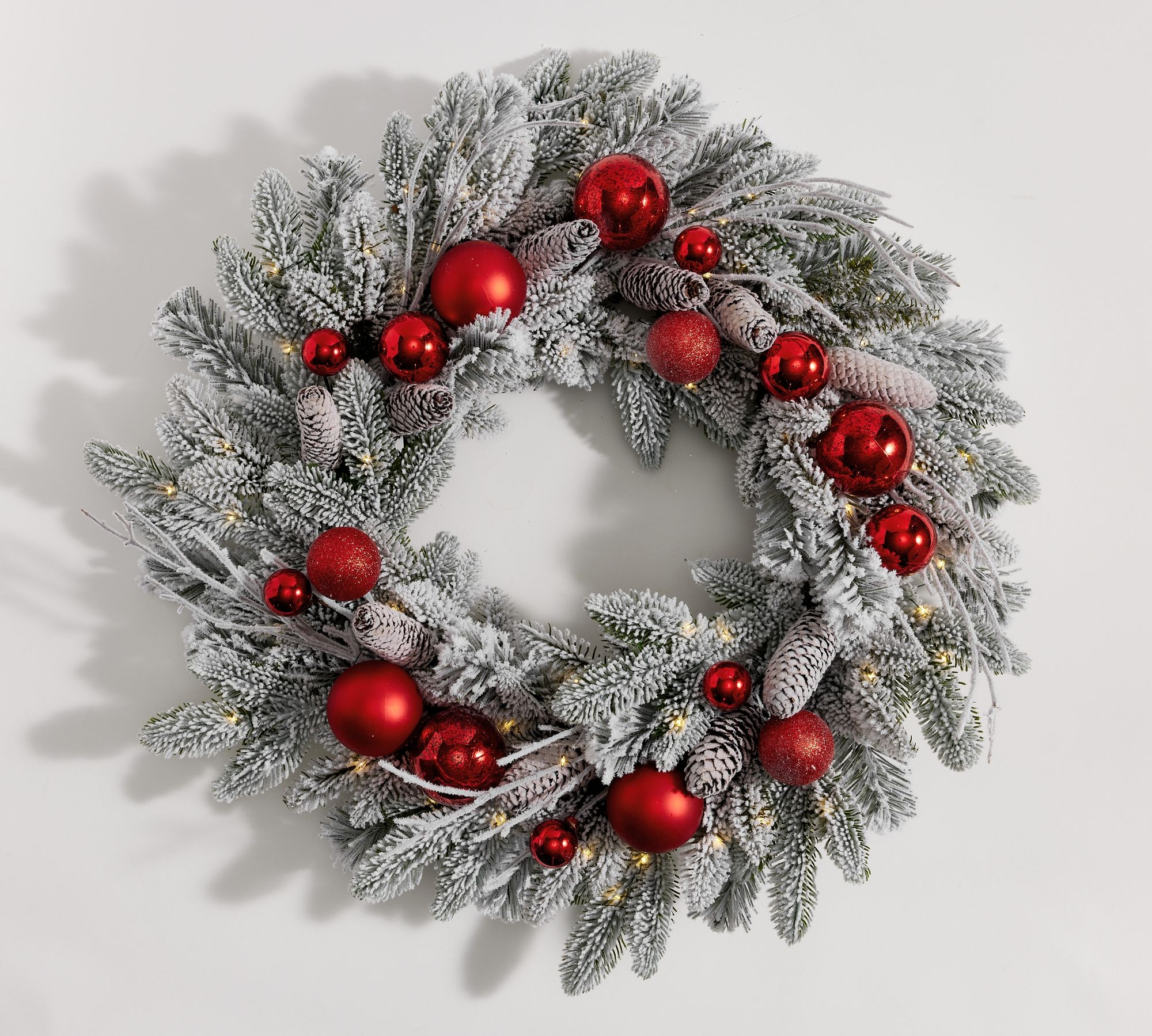 Lit Faux Frosted Pine & Ornaments Wreath Garland